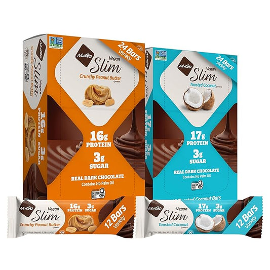 NuGo Slim 24ct Vegan Variety - Crunchy Peanut Butter 12 bars & Toasted Coconut 12 bars, Low Net Carb, Keto Friendly, 16-17g Plant Based Protein, Keto Friendly, Gluten Free, 24 count