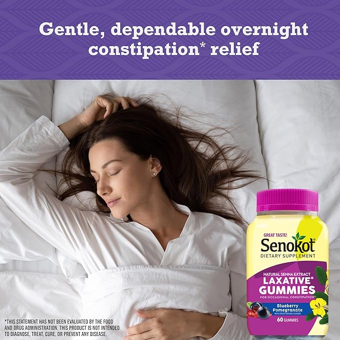Senokot Dietary Supplement Laxative Gummies, Natural Senna Extract, Gentle, Overnight Relief From Occasional Constipation, Blueberry Pomegranate Flavor, 60 Count