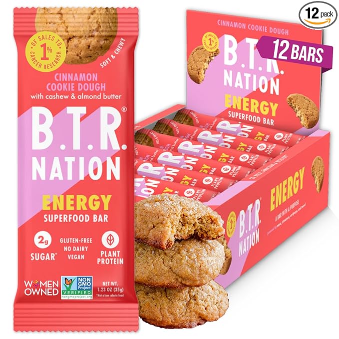 B.T.R. Bar Superfood Keto Protein Bars, Plant Based Vegan Protein, Low Carb, Low Calorie, Gluten Free, No Sugar Alcohols, Boosted with Superfoods - (12 Pack) (Cinnamon Cookie Dough ENERGY)