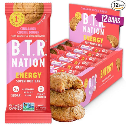 B.T.R. Bar Superfood Keto Protein Bars, Plant Based Vegan Protein, Low Carb, Low Calorie, Gluten Free, No Sugar Alcohols, Boosted with Superfoods - (12 Pack) (Cinnamon Cookie Dough ENERGY)