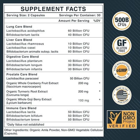 Probiotics for Men, 500 Billion CFUs & 12 Strains, Probiotics for Digestive Health, Men's Probiotic with Turmeric, Cranberry, Goji, for Overall Digestive, Immune Health, Gut & Bloating, 120 Day Supply
