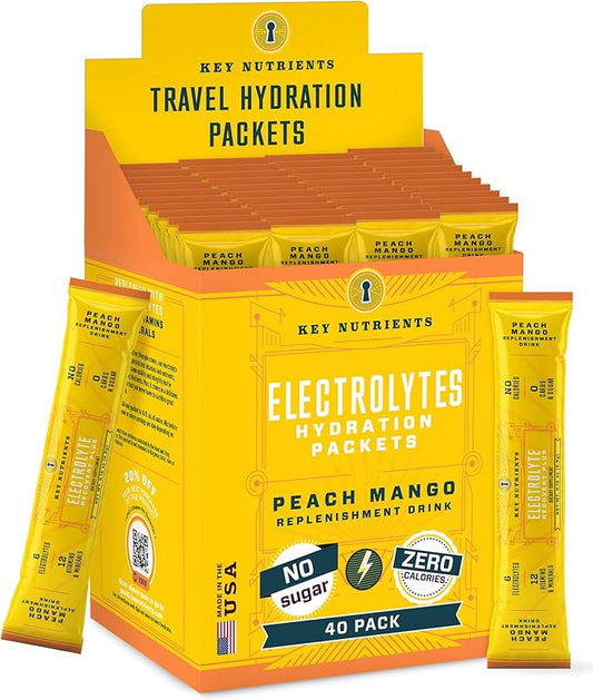 KEY NUTRIENTS Multivitamin Electrolytes Powder Packets - Tropical Peach Mango Post Workout and Recovery 40 Pack Hydration Packets - No Sugar, No Calories - Travel Hydration Powder