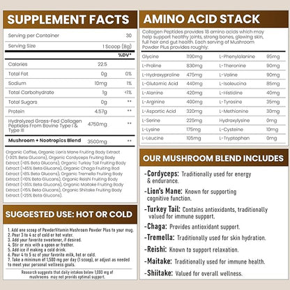Organic Mushroom Coffee Certified Mold & Mycotoxin-Free GrassFed Collagen Types I & III 8 Fruiting Body Mushrooms Tested for Beta-Glucans Focus Energy Digestion & Immunity 30 Servings