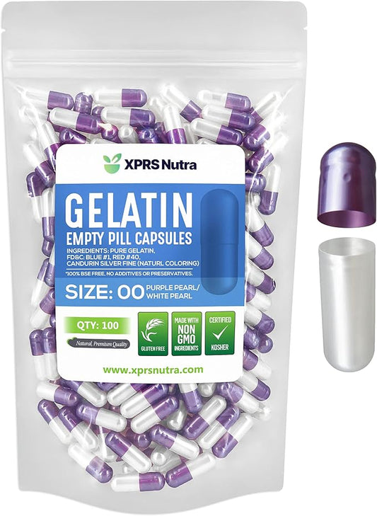 XPRS Nutra Size 00 Empty Capsules - 100 Count Empty Gelatin Capsules - Empty Pill Capsules - DIY Capsule Filling - Fillable Pill Capsules Empty Gel Caps (Pearl Purple/White)