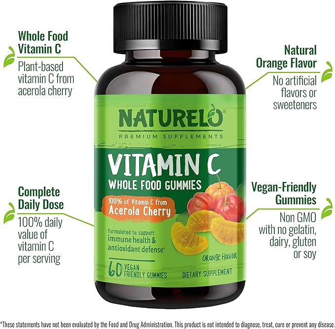 NATURELO Whole Food Vitamin C Gummies, 60 Vegan-Friendly