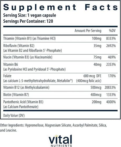 Vital Nutrients Vitamin B-Complex | Vegan High-Potency Methylated B Complex Vitamins | B Vitamins Support Energy Production, Metabolism, and Heart Health* | Gluten, Dairy, Soy Free | 120 Capsules