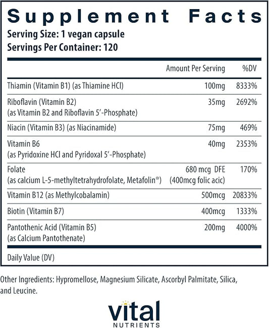 Vital Nutrients Vitamin B-Complex | Vegan High-Potency Methylated B Complex Vitamins | B Vitamins Support Energy Production, Metabolism, and Heart Health* | Gluten, Dairy, Soy Free | 120 Capsules