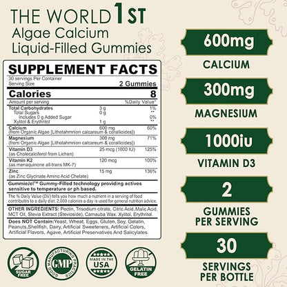 (2 Pack) Plant Based Calcium Supplement 600mg with Vitamin D3 K2, Zinc for Bone Strength, Sustainably Sourced Algae Calcium Magnesium 2:1 Ratio, Sugar Free Calcium Gummies 70+ Trace Minerals, Vegan