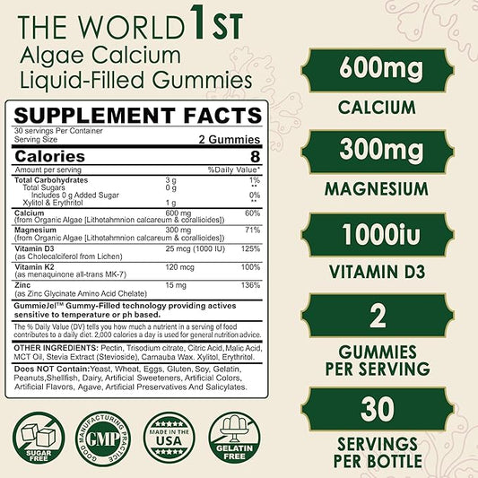 (2 Pack) Plant Based Calcium Supplement 600mg with Vitamin D3 K2, Zinc for Bone Strength, Sustainably Sourced Algae Calcium Magnesium 2:1 Ratio, Sugar Free Calcium Gummies 70+ Trace Minerals, Vegan