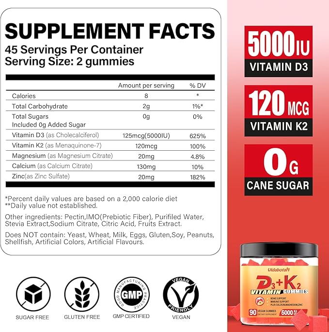 Sugar Free Vitamin D3 K2 gummies 5000IU with 90 chewable