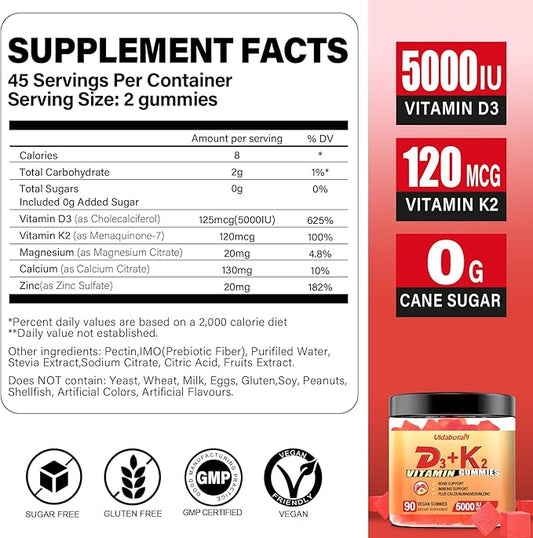 Sugar Free Vitamin D3 K2 gummies 5000IU with 90 chewable
