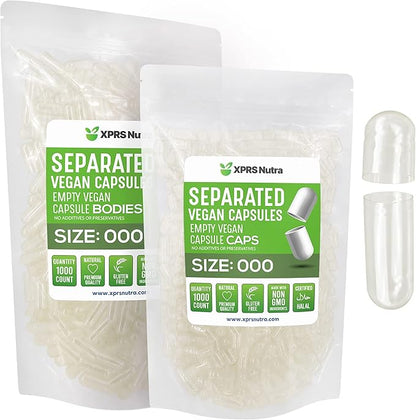 XPRS Nutra Vegan Size 000 Separated Capsules- 1000 Count Premium Empty Capsules Separated in Bags - Clear Empty Capsules - Separated Empty 000 Capsules - Pill Capsules Empty for DIY Supplement Filling