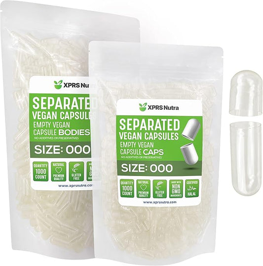 XPRS Nutra Vegan Size 000 Separated Capsules- 1000 Count Premium Empty Capsules Separated in Bags - Clear Empty Capsules - Separated Empty 000 Capsules - Pill Capsules Empty for DIY Supplement Filling