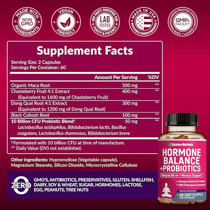 (2 Pack) Hormone Balance + Probiotics for Women (3450mg) Natural Relief for Menopause, Hot Flashes, PMS, Bloating | 4:1 Chasteberry, Dong Quai, Black Cohosh | Non GMO|240 V Capsules