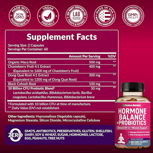 (2 Pack) Hormone Balance + Probiotics for Women (3450mg) Natural Relief for Menopause, Hot Flashes, PMS, Bloating | 4:1 Chasteberry, Dong Quai, Black Cohosh | Non GMO|240 V Capsules