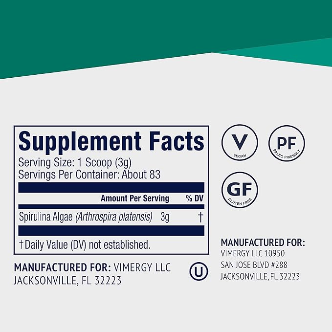 Vimergy Spirulina Powder – Concentrated Plant Protein Supports Immune Health & Cardiovascular Function – Vegan, Kosher, Gluten-Free – 250g