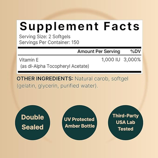 NatureBell Vitamin E Oil Softgels, 1,000 IU Per Serving, 300 Pills | Essential Antioxidant Supplements, Easily Absorbed Form – Supports Skin, Heart, & Immune Health – Non-GMO