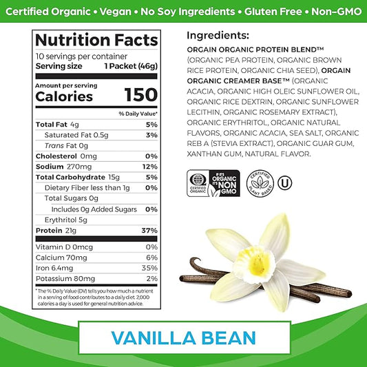 Orgain Organic Vegan Protein Powder, Vanilla Bean - 21g Plant Protein, 5g Prebiotic Fiber, Low Carb, No Lactose Ingredients, No Added Sugar, Non-GMO, For Shakes & Smoothies, 10 Travel Packs