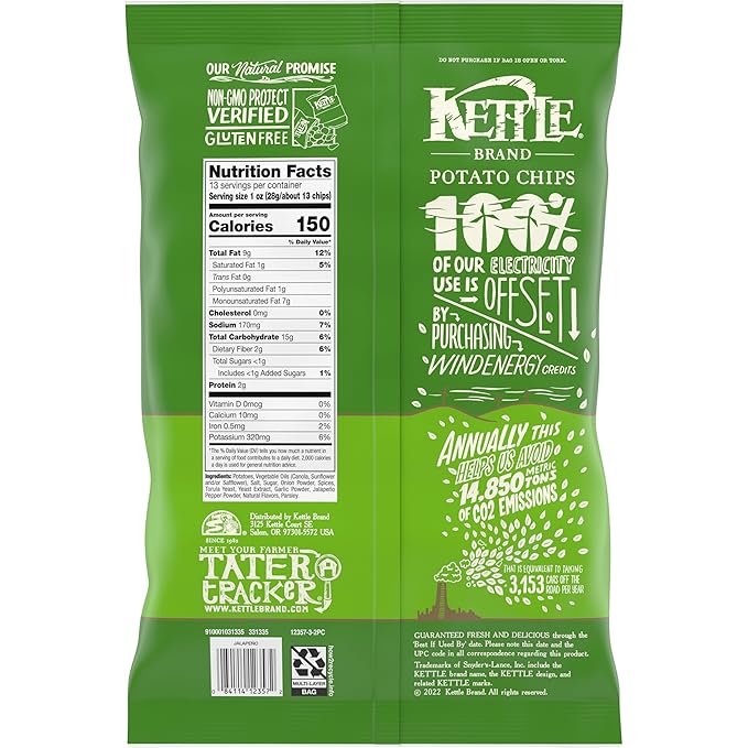 Kettle Brand Potato Chips, Jalapeno Kettle Chips, Party Size, 13 Oz (Pack of 3)