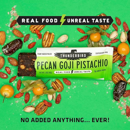 Thunderbird Bars Energy Snack, Gluten-Free with Protein, Healthy Real Food, Vegan Paleo Non-GMO, No Added Sugar, Pecan Goji Pistachio Flavor (12 Count, 1.7 oz. Bars)