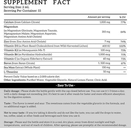 (2 Pack) 10 in 1 Magnesium Calcium Zinc Supplement with Vitamin C D3 K2, Glycinate Mag Vegan Liquid Drops Plus L-Theanine Boron Sea Moss Extract, Immune Support, Bone, Sleep & Leg Cramps, 1 Fl Oz