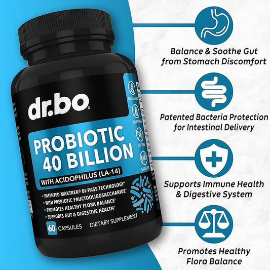 Probiotic 40 Billion CFU Supplement - Lactobacillus Acidophilus Probiotics for Women & Men Capsules - Gluten Free Probiotics for Digestive Health Pills with Bifidobacterium, Plantarum, Paracasei, FOS
