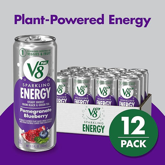 V8 +Energy Sparkling Pomegranate Blueberry Juice Energy Drink, 11.5 fl oz Can (12 Pack)