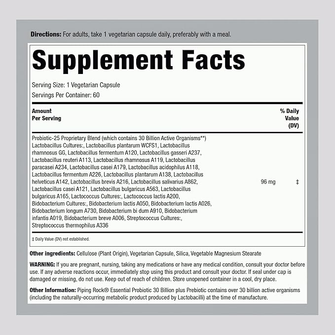Piping Rock Essential Prebiotic & Probiotic 60 Capsules 30 Billion