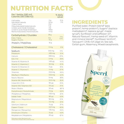 Sperri Plant-Based Meal Replacement Shake – Organic Protein Drink Made with Hemp & Pea Protein – Vegan Gluten-Free Dairy-Free Ready to Drink – Vanilla Flavor, 11.16 fl. oz. (12 Pack)
