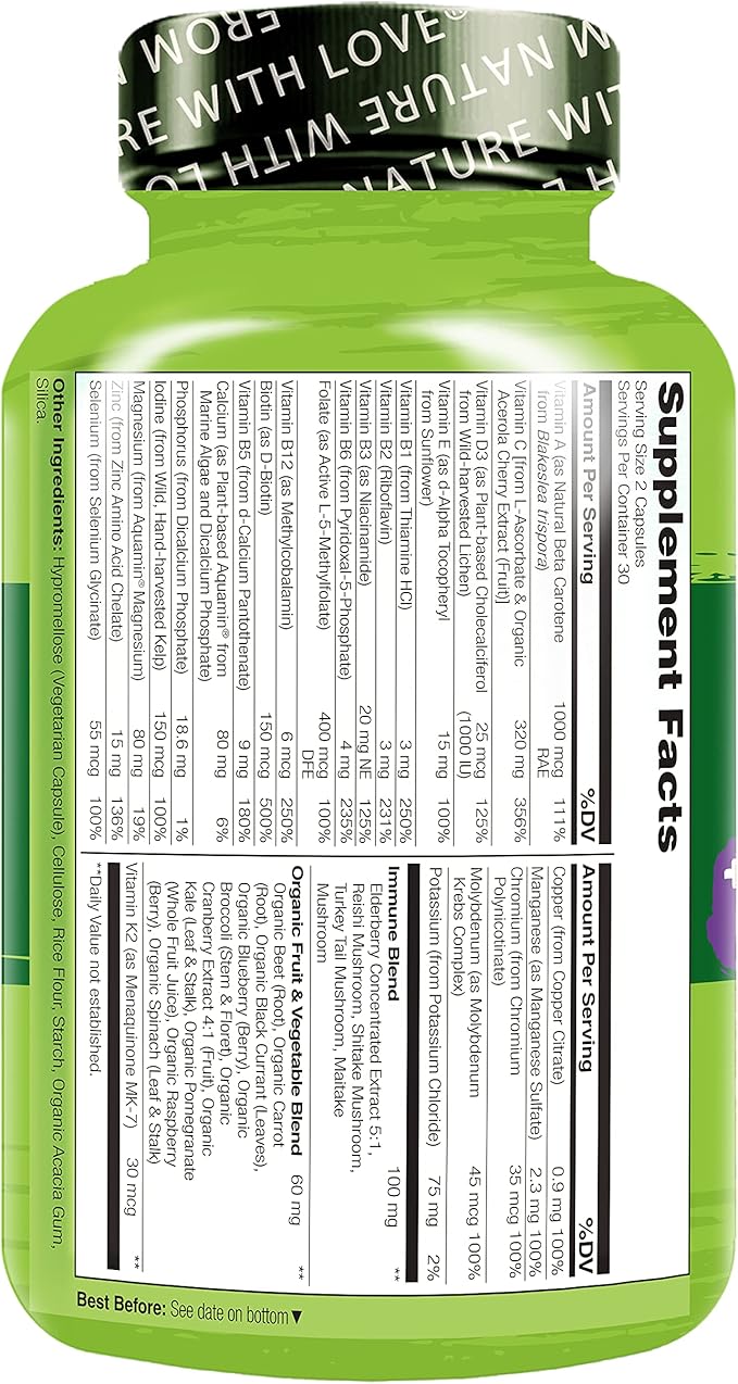 NATURELO Whole Food Multivitamin + Immune D3, Zinc, 60 Vegan 2)