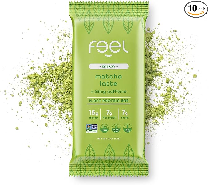 Feel Vegan Protein Bars | Matcha Latte | Keto | Gluten Free | Organic | 15g Plant Protein | Low Carb | High Protein | Dairy Free | Low Sugar | Grain Free | Nut Free | Soy Free | Non GMO - (Matcha Latte, 10 Pack)