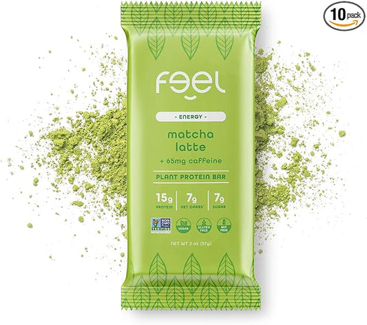 Feel Vegan Protein Bars | Matcha Latte | Keto | Gluten Free | Organic | 15g Plant Protein | Low Carb | High Protein | Dairy Free | Low Sugar | Grain Free | Nut Free | Soy Free | Non GMO - (Matcha Latte, 10 Pack)