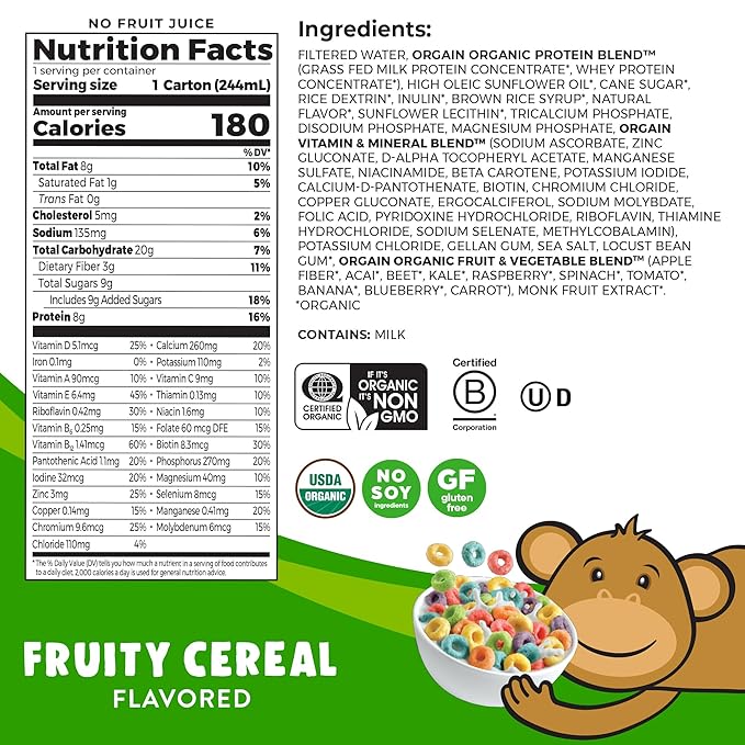 Orgain Organic Kids Nutritional Protein Shake, 8g Dairy 4g Fiber, 22 Vitamins 8.25 Fl 12)