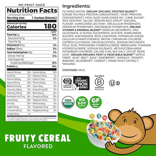 Orgain Organic Kids Nutritional Protein Shake, 8g Dairy 4g Fiber, 22 Vitamins 8.25 Fl 12)