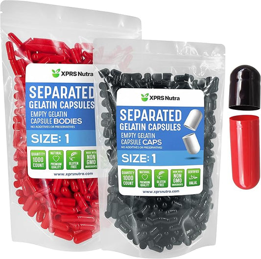 XPRS Nutra Size 1 Gelatin Separated Capsules- 1000 Count Empty Pill Capsules Separated in Bags- Empty Capsules- Separated Empty Capsules - Pill Capsules Empty for DIY Supplement Filling (Black/Red)