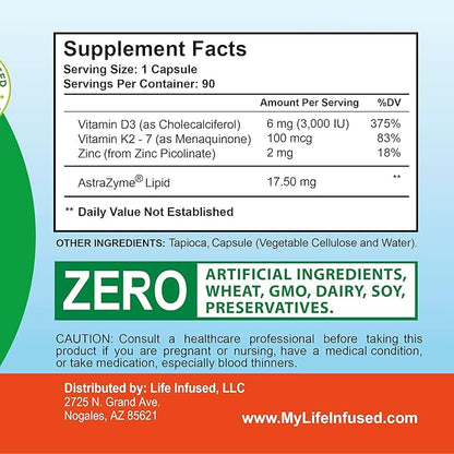 Life Infused Vitamin D3 + K2 Supercharged with Zinc and Enzymes, Help Maintain Healthy Immune System, Bone Health, Emotional Wellbeing, 90 Capsules.