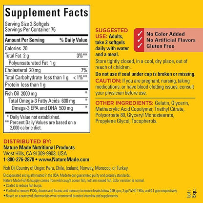 Nature Made Burp Less Fish Oil 1000 mg 3 Fish 3 Supplement 150 Softgels, 75 Day