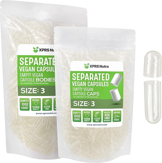 XPRS Nutra Vegan Size 3 Separated Capsules - 1000 Count Premium Empty Capsules Separated in Bags - Clear Empty Capsules - Separated Empty Capsules - Pill Capsules Empty for DIY Supplement Filling