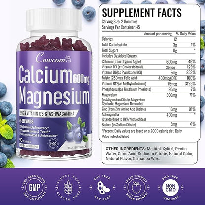 Calcium Magnesium Zinc Gummies Sugar-Free with Vitamin D3 B6 B12,High Absorption Calcium Magnesium Supplement,Bone, Muscles,Calm Mood,Sleep Support for Kids adults,90 Count Vegan Blueberry Flavor