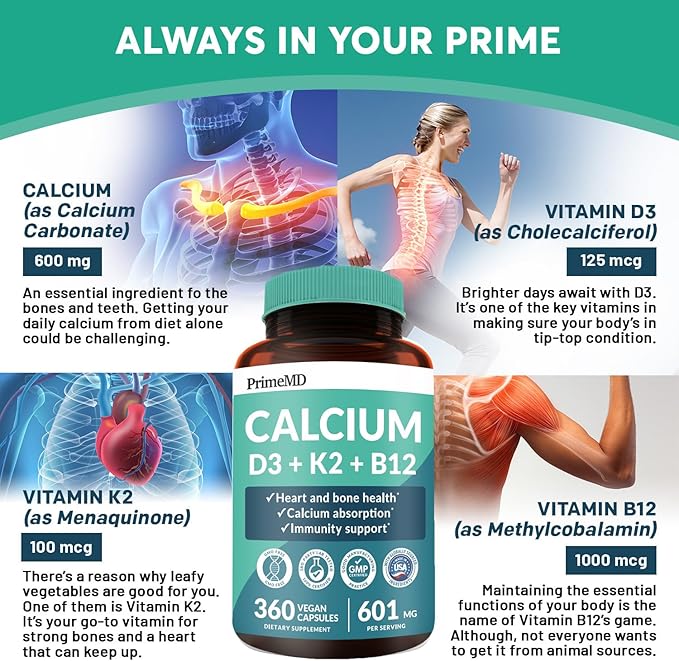 PrimeMD 4-in-1 Calcium Supplements for Women 600mg with D3 K2 K2 B12 B12 5000 5000 IU (360 Count)