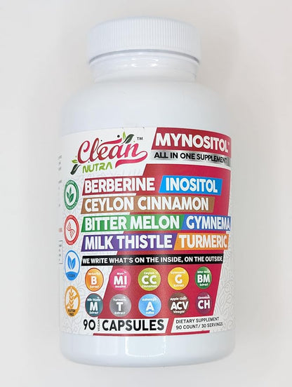 Clean Nutra Berberine Inositol Supplement with Ceylon Cinnamon, Bitter Melon, Gynema Sylvestre, Milk Thistle, Turmeric - 90 Vegan Vegetarian Capsules, Non-GMO, Gluten Free - Berberine for Women Men