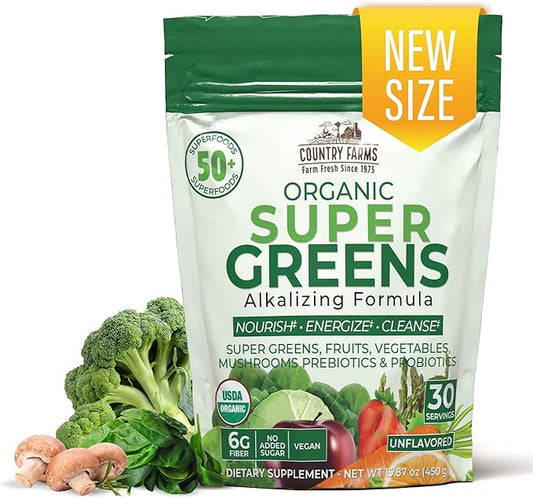 COUNTRY FARMS Super Greens Natural Flavor, 50 Organic 30 Servings
