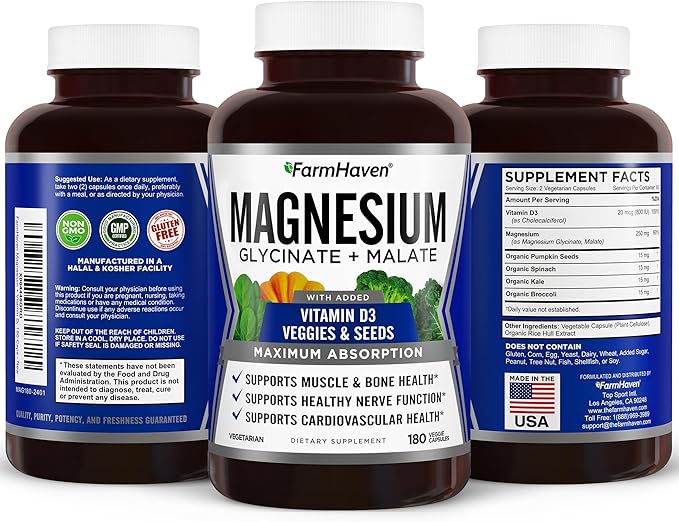 FarmHaven Magnesium Glycinate & Malate Complex D3, 100% 100% Chelated 180 Capsules, 90 Days