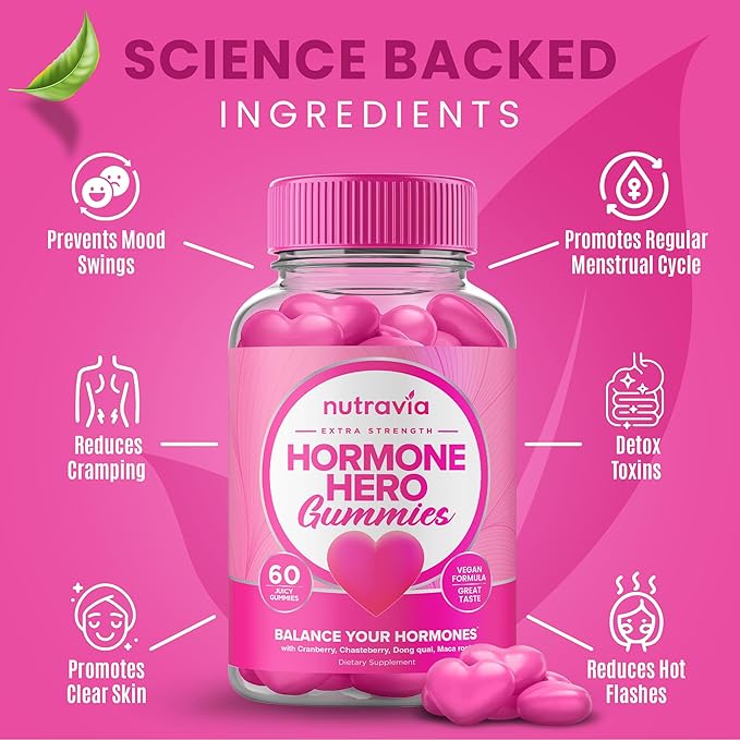 Hormone Balance For Women Gummies + PMS Relief Supplement - Supports Mood Swings, Clear Skin, Reduced Cramps and Bloating - Hormonal PMS Gummies PCOS Vitamin with Cranberry, Dong Quai (60 Gummies)