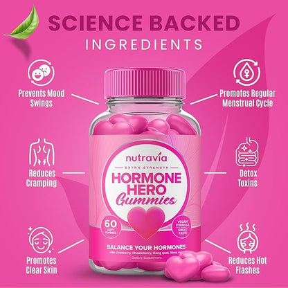 Hormone Balance For Women Gummies + PMS Relief Supplement - Supports Mood Swings, Clear Skin, Reduced Cramps and Bloating - Hormonal PMS Gummies PCOS Vitamin with Cranberry, Dong Quai (60 Gummies)