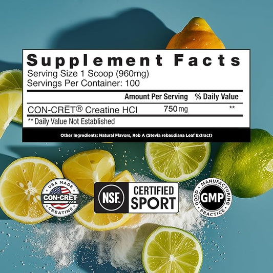 Creatine HCl Powder | Muscle, Cognitive, Cellular Energy Support | No Bloating or Cramps | USA Made & NSF Certified | Lemon Lime (100 Serving)