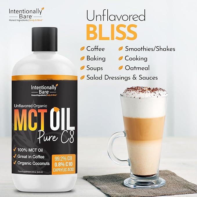 Intentionally Bare Pure C8 MCT Oil Organic - Brain Octane C8 MCT Oil for Keto Paleo & Vegan Diet - Unflavored MCT Oil C8 for Bulletproof Coffee Shakes & Salads - 100% Pure MCT Oil 32 oz