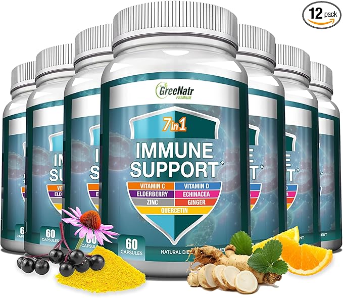 7 in 1 Immune Support Supplement with Vitamin C, Vitamin D3, Zinc 50mg, Quercetin, Echinacea Purpurea, Sambucus Elderberry and Ginger for Complete Immune Defense - 60 Capsules (12 Bottles)