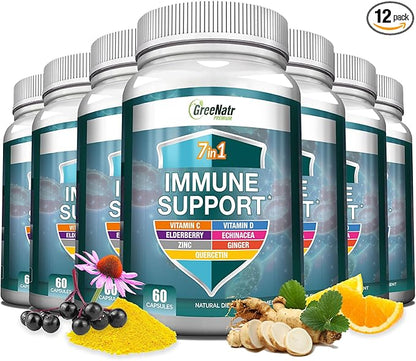 7 in 1 Immune Support Supplement with Vitamin C, Vitamin D3, Zinc 50mg, Quercetin, Echinacea Purpurea, Sambucus Elderberry and Ginger for Complete Immune Defense - 60 Capsules (12 Bottles)