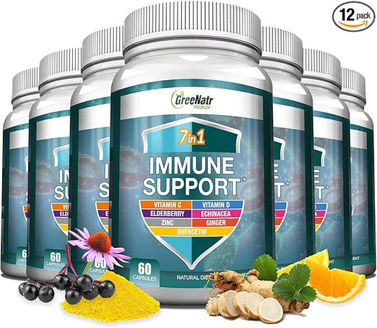 7 in 1 Immune Support Supplement with Vitamin C, Vitamin D3, Zinc 50mg, Quercetin, Echinacea Purpurea, Sambucus Elderberry and Ginger for Complete Immune Defense - 60 Capsules (12 Bottles)